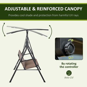 Dondolo da Giardino a 2 Posti Marrone con Tettuccio Regolabile, Braccioli e Telaio in Acciaio, Tessuto Texline per Esterni e Portico - Product Image 5