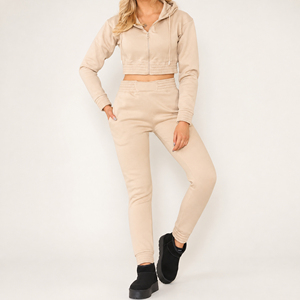 <b>Women</b> <b>Beige</b> Cropped Hoodie <b>Jogger</b> Set Two Piece Casual Tracksuit Elastic Waist Sweatpants Wholesale Private Label - Product Image 1