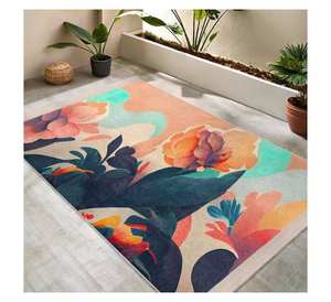 Tapis d'art botanique contemporain haut de gamme, motif pivoine et feuilles tropicales vibrantes, tapis élégant et doux à poils ras pour chambre à coucher - Product Image 2