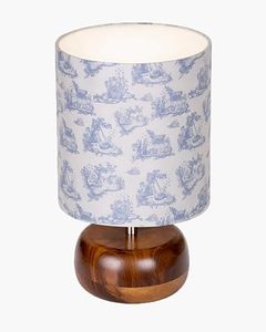 Lampe de table ronde en bois moderne et élégante, abat-jour en tissu, douille E27, motif bleu, décoration d'intérieur - Product Image 4