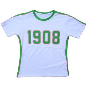 Camiseta ALPHA PHI ALPHA Verano 2026 1908, Cuello Redondo Griego con Diseño Personalizado, Logotipo Bordado en Chenilla, Blanco y Verde - Product Image 1