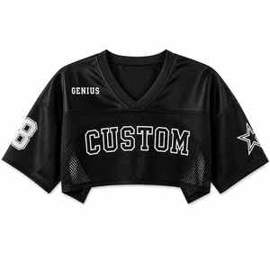 Camiseta Corta de Fútbol Americano Personalizada para Mujer, Negra, de Malla, con Parches de Satén, Manga Corta, OEM, ODM, Venta al Por Mayor - Product Image 6