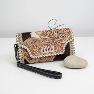 Western Deck Of Cards Tooled Leather Cowhide Women Wallet Card Holder Clutch Purse Aces Handcrafted Hair-On Hide Zipper <b>Wristlet</b> - Product Image 1