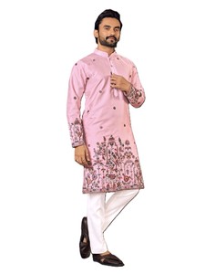 Pink Embroidered Kurta Set Men's Traditional Wedding Wear Knee-Length Silk Shirt with White <b>Pants</b> Indian Pakistani Attire - Product Image 1