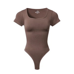 Mono de punto negro de cintura alta para mujer, manga corta, cuello cuadrado, control de abdomen, moldeador, para todas las estaciones, ajuste regular - Product Image 4