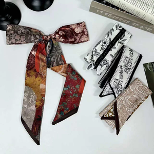2026 New Arrival Women Vintage Floral Print Skinny Satin Scarf Summer Hair Band Strip Silk Ribbon Neck Scarves Bag Handle Ribbon - Product Image 1