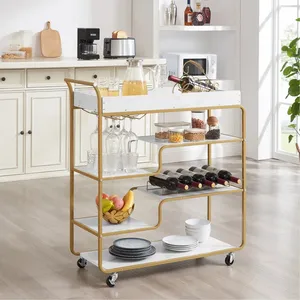 Modern Gold Metal Bar Cart with Marble Top Multi Tier Rolling Serving Trolley for Party and Home Use - Product Image 6