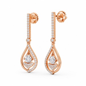 Boucles d'oreilles pendantes en or rose et diamants pour femme, bijoux de mariage, sertissage pavé, forme goutte d'eau, style luxueux - Product Image 3