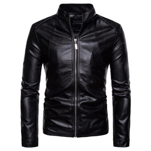 Veste de motard en cuir PU noir pour homme, col montant, fermeture éclair, manches régulières, coupe ajustée, style automne - Product Image 6