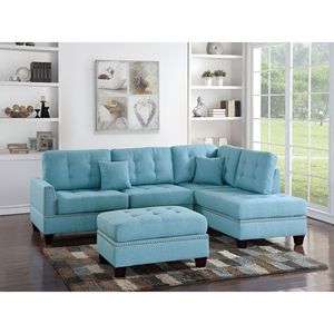 Divano Chaise Longue Reversibile Moderno con Pouf Blu, Set 3 Pezzi in Tessuto Polifibra, Arredamento Soggiorno con Dettagli Trapuntati - Product Image 2