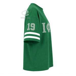 เสื้อยืดสตรี Iota Phi Lambda ประดับเพชรเทียม สีเขียวขาว ลายตัวอักษรกรีก คอกลม แขนลายทาง เสื้อยืดลำลองลายกราฟิก - Product Image 3