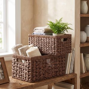 Water Hyacinth Woven <b>Storage</b> <b>Baskets</b> Set of 2, <b>Rectangular</b> Natural Water Hyacinth Shelf Organizer Bins with Cutout Handles - Product Image 4