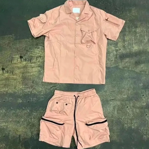 <b>Mens</b> <b>short</b> sleeve button shirt and <b>zip</b> <b>pocket</b> <b>shorts</b> set summer casual two piece outfit solid color wholesale bulk - Product Image 2