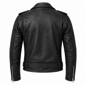 Veste de motard en cuir véritable noir pour homme avec fermeture éclair asymétrique, col rond, logo sur le devant en toile, ceinture à la taille et poches zippées - Product Image 2