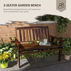 Banc de patio en bois au fini carbonisé durable avec dossier et accoudoirs à lattes pour extérieur, pelouse, parc, terrasse, centre commercial, cour - Product Image 4