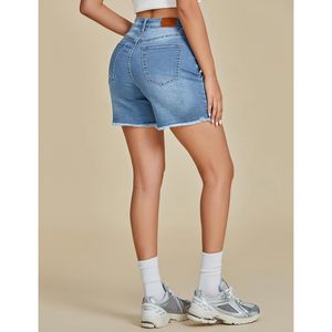 2025 FleXclusive femmes à la mode taille haute extensible Denim été ourlet brut maman Long Shorts coupe droite Jean coupe Jorts - Product Image 4