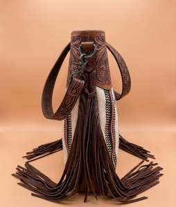 Hand Tooled Fringe Bohemian Saddle Bag Aztec Pattern Leather Trim Zipper Crossbody Shoulder <b>Handbag</b> for Women Travel Portable - Product Image 2