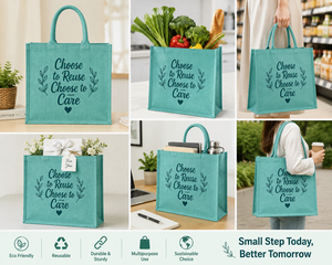 เลือกที่จะนำกลับมาใช้ใหม่เลือกเพื่อดูแลถุงช้อปปิ้งปอกระเจาสีนกเป็ดน้ำขนาดใหญ่ที่มีรูปแบบใบไม้และการออกแบบหัวใจ - Product Image 3