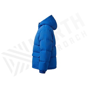 Hooded <b>Quilted</b> Jacket Blue Full Sleeve Winter Thick Polyester Filling Woven Fabric Regular Length <b>Single</b> Button Closure - Product Image 3