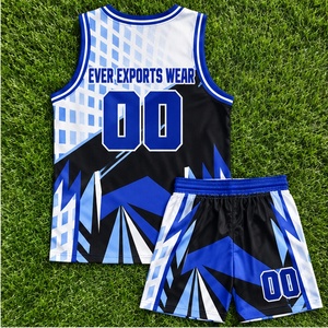 Ensemble short et maillot de basket bleu et blanc avec empiècements géométriques, sans manches, col en V, uniforme d'équipe, marque privée, vente en gros - Product Image 2