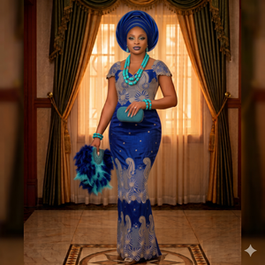 Vestido de Encaje Verde Azulado Mediano SRT George con Gele |   Traje de Lujo para Fiesta de Boda Nigeriana Aso Ebi - Product Image 3