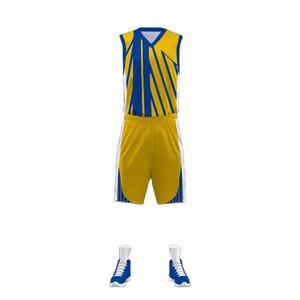 Ensemble de maillots de basket-ball unisexe pour adultes, jaune et bleu, col en V, manches longues, respirant, imprimé numérique, polyester, taille élastique - Product Image 1
