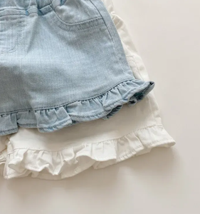 Shorts Bermuda Blancs à Volants pour Filles, Taille Haute Décontractée avec Élastique et Poches, Couleur Unie, en Coton Tissé - Product Image 3
