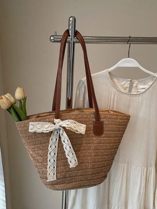 Vintage Bow <b>Straw</b> <b>Bag</b> for Women Handwoven Seagrass Beach Tote with Linen Lining Eco-friendly Spring Fashion Shoulder Handheld - Product Image 2