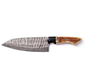 Couteau de chef artisanal en acier damas martelé, avec manche en corne de cerf noire. - Product Image 4