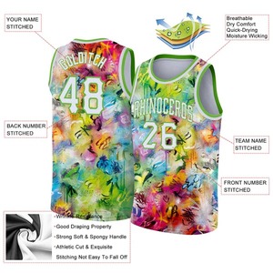 Camiseta de Baloncesto Personalizada con Diseño de Graffiti, Color Blanco y Verde Neón, Auténtica, de Malla Transpirable, Poliéster/Algodón, para Entrenamiento en Equipo - Product Image 2