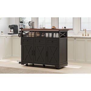 K K 46.5 Farmhouse Style Kitchen Island with <b>Beaded</b> Drape Power Outlet Rolling Cart on Wheels Drop Leaf & 3 <b>Doors</b> - Product Image 5