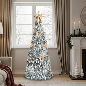 Albero di Natale Artificiale Pre-Illuminato 6 Piedi, Effetto Neve, 100 Luci Calde, Decorazioni Dorate in PVC, Super Realistico per Casa e Ufficio - Product Image 3