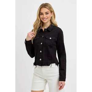 Chaqueta Vaquera de Mujer Veloro, Talla S, Color Negro, Corte Irregular con Dobladillo Deshilachado y Botones - Product Image 4