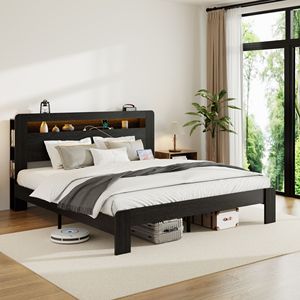 Letto Matrimoniale King Size con Struttura in Legno, Testiera Illuminata a LED e 2 Porte USB, Silenzioso, Senza Necessità di Rete a Doghe, con Vano Contenitore Integrato - Product Image 3
