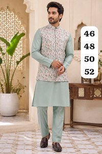 NOIIR PIGEON Ensemble ethnique 3 pièces en soie jacquard pour homme, sans plis, longueur genou, coupe classique, pour mariage et fête, style indien - Product Image 2