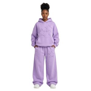 Ensemble de survêtement en molleton bouclé uni pour femme, violet lavande, coupe décontractée minimaliste, à capuche et épaules tombantes, pour la détente - Product Image 1