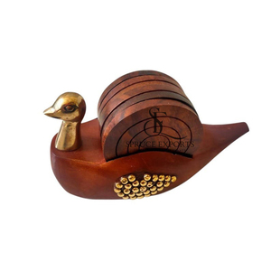 Handmade Wooden <b>Coaster</b> <b>Set</b> With Brass Duck Holder. Unique Engraved Cut Design Handcrafted Tableware For Bulk Home & Bar Decor - Product Image 5
