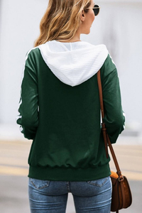 Sudadera de Mujer con Capucha y Cierre, Color Sólido, Manga Larga, Tejido de Algodón, para Otoño, Verde con Detalle de Raya Blanca - Product Image 4