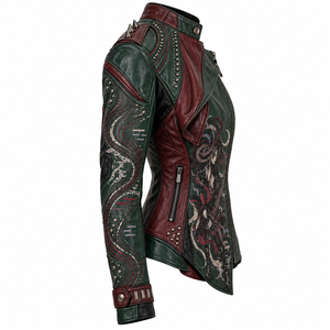 Dark Green Burgundy Women Leather Biker Jacket Graphic Printed Spiked <b>Studded</b> Coat Custom OEM ODM Wholesale Factory Supplier - Product Image 3