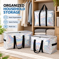 Sacs fourre-tout de rangement réutilisables en tissu tissé PP extra-larges, personnalisés, en argent, avec fermeture éclair robuste, écologiques, organisateurs de voyage, vente en gros