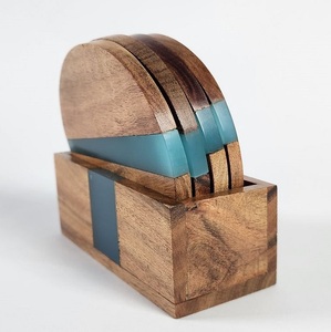 Premium Quality Handmade <b>Wood</b> Resin Round Coaster for Coffee <b>Tea</b> Drink Non-Slip Cup Coaster Cork Insulation Pad with Holder <b>Set</b> - Product Image 1