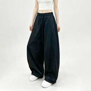 <b>Light</b> Blue Wide Leg Pants Women High Waist Drawstring Loose Fit Cotton Solid Color Casual Full Length <b>Trousers</b> - Product Image 6