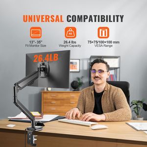 Supporto per Monitor Singolo con Braccio a Molla a Gas Regolabile, USB e Superficie in Alluminio, per Schermi da 13''-35'', Capacità 26,4 Libbre - Product Image 2