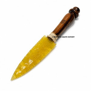 Magnifique manche de couteau décoratif portable haut de gamme de 8 pouces, sculpté à la main et gravé, en fibre optique jaune et pierre précieuse, motif pointe de flèche - Product Image 6