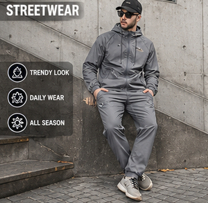 Ensemble coupe-vent gris à capuche pour homme 100 % polyester séchage rapide, veste décontractée de printemps et pantalon de survêtement assorti - Product Image 2