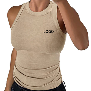 Débardeur côtelé pour femme, col rond, sans manches, couleur unie, respirant, en coton et élasthanne, avec logo frontal, idéal pour le yoga - Product Image 1