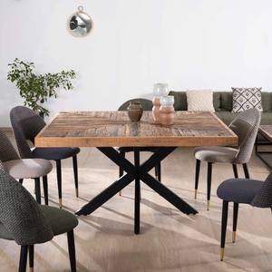 Vandana Ivory Field Square <b>Dining</b> <b>Table</b> <b>140cm</b> Acacia Chevron Finish with Crossed Black Metal Legs - Product Image 1