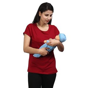 T-shirt noir à manches courtes pour femme avec poche d'allaitement, coupe ample, col rond, en coton tricoté, toutes saisons, couleur unie - Product Image 3