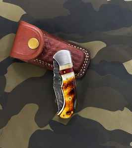 Couteau de camping de poche de haute qualité, best-seller de Product Palace LLC, en acier Damas de qualité supérieure, avec manche en os industriel. - Product Image 5