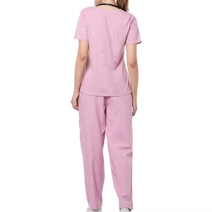 Nouvel arrivage : Ensemble de blouses médicales roses pour femmes, col en V, manches courtes avec poches, uniforme d'hôpital en mélange tissé coton-polyester - Product Image 2